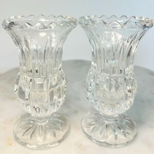 Vtg Clear Crystal Bud Vases Candle Holders Set of 2 Pattern Tealight Votive Gift